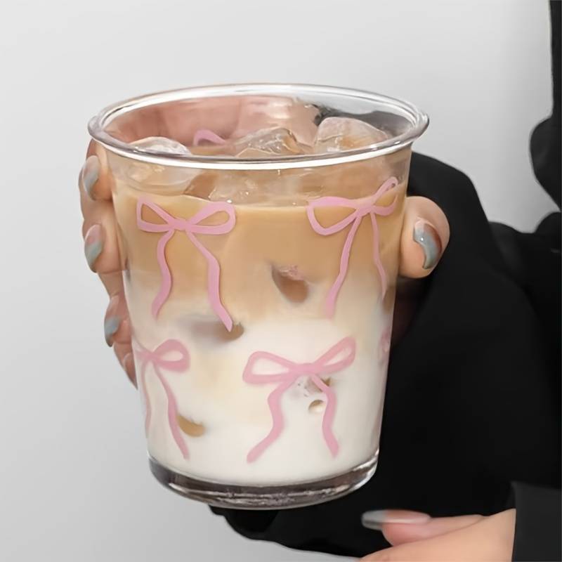 1pc Glass Coffee Cup With Bows Design, Clear Glassware, Suitable For Cappuccino, Tea, Espresso, Latte And Hot Drinks, Ideal Birthday And Holiday Gift.