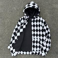Unisex Sherpa Jacquard Pläd Loose Drop Shoulder Huvjacka - Multifärgad (L,M,S,XL,XS,XXL,XXS,XXXL,XXXXL)