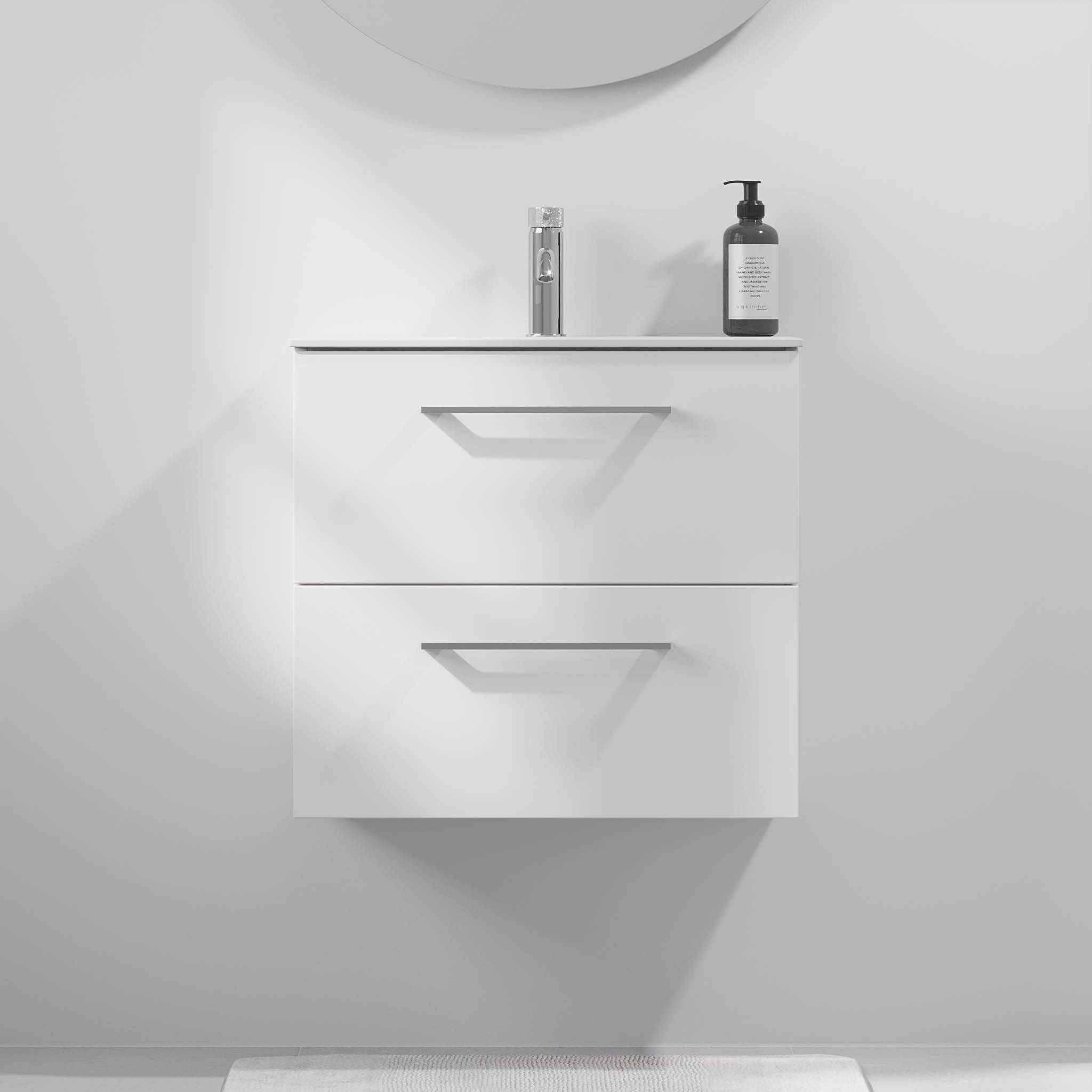 Badrumsmöbel med klassiska fronter - SLIM - 60x36x57 cm - mattvit - tvättställ i massivt material - kromat handtag - Harstad