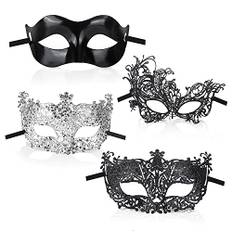 GWAWG Maskeradmask 4 st svart silver filigran svart spets klassisk zorro stil sexig venetiansk fest utklädningstillbehör för män och kvinnor par