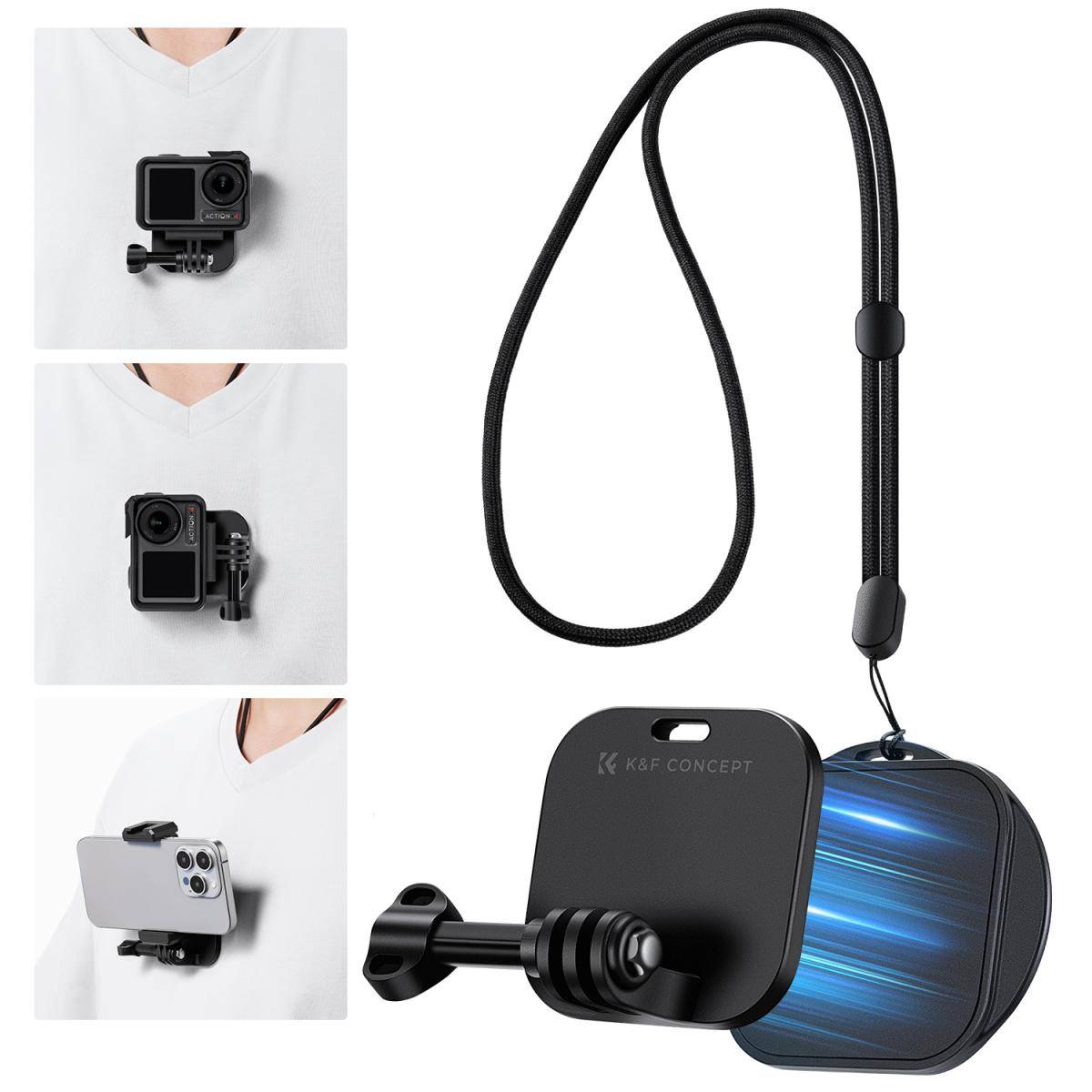 KENTFAITH Magnetic Action Camera Chest Mount for GoPro Hero 13/12/11/10/9 Balck, DJI Osmo Action 5 Pro/4/3/2 and More Action Camera, POV Neck Mount with Adjustable Neck Strap Lanyards