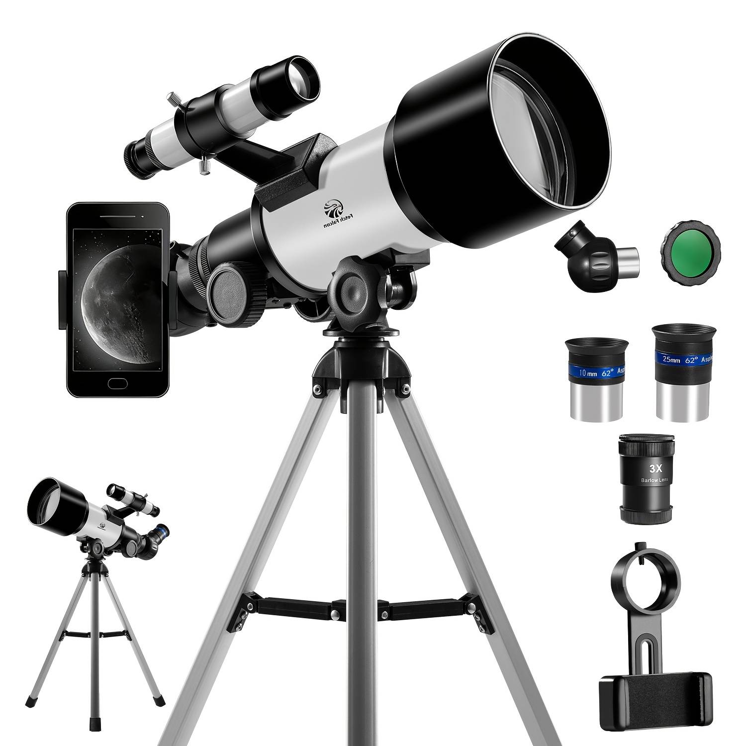 Hd 70mm Aperture Astronomical Telescope | 300 Mm Optical Tube Length, 90-180 X Magnification, Portable Aluminum Refractor With Tripod & Phone Adapter, Manual Focus, Brand: Fetchfalcon For