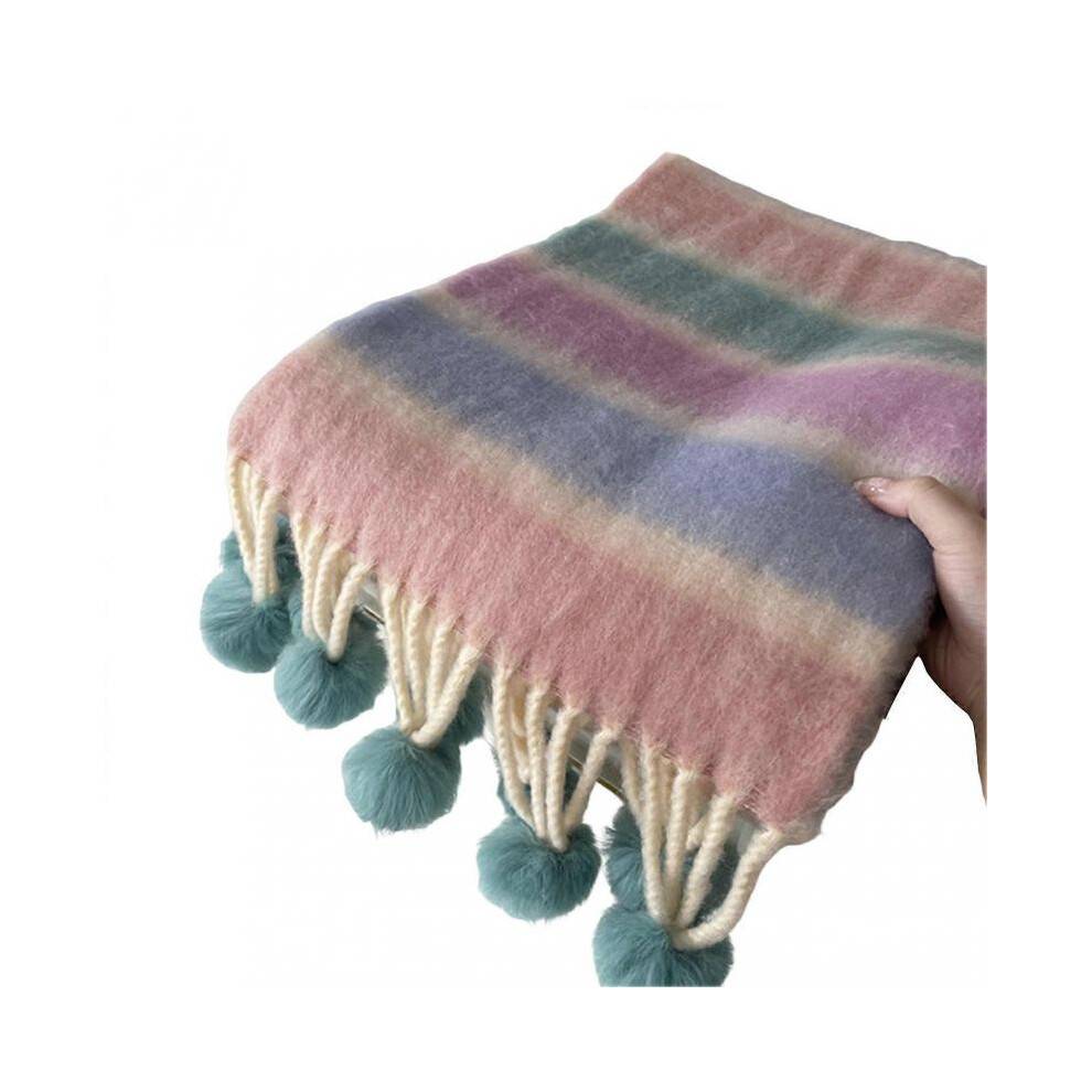 (D) Women Scarf Rainbow Color Striped Scarf with Plush Balls Tassel Winter Thickened Warm Couple Scarf Versatile Wear