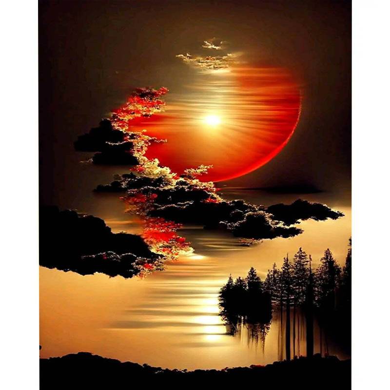 1pc Diy Diamond Painting, Golden-red Gradient Red Sun, Clouds, Lake Reflection