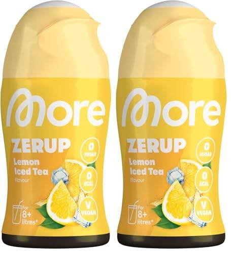 MORE Zerup, Lemon Iced Tea, 65 ml, für bis zu 8 l Fertiggetränk, zuckerfreier Sirup mit echten Fruchtextrakten, vegan, zero Kalorien - made in Germany (Packung mit 2)