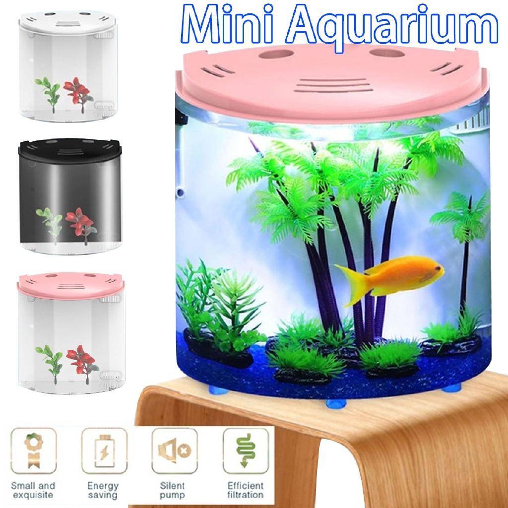 DC 5V 5L Mini LED Akvarium USB Akvarier Halvmåne Akvarium Akryl Stor Kapacitet Skrivbords Akvariefisk Husdjurstillbehör rosa