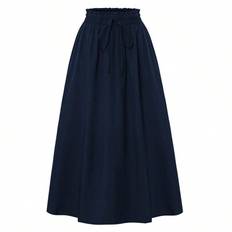 Women&#39;s Maxi Skirt Elastic Waist A-Line Fake Drawstring With Pockets Solid Layered Hem Long Skirts - Navy Blue - L,M,S,XL