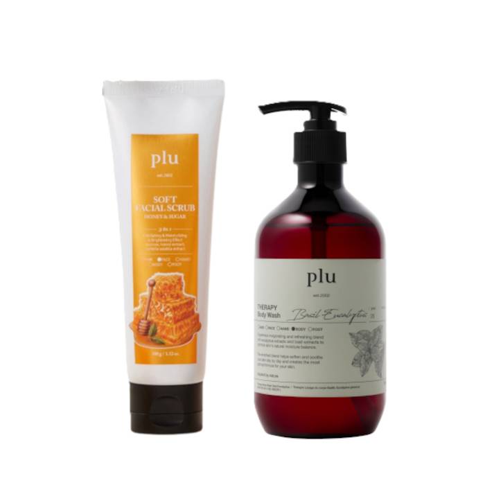 plu - Soft Facial Scrub Honey & Sugar - 100g (1ea) & Therapy Body Wash - 500g - Basil Eucalyptus (1ea) Set - black