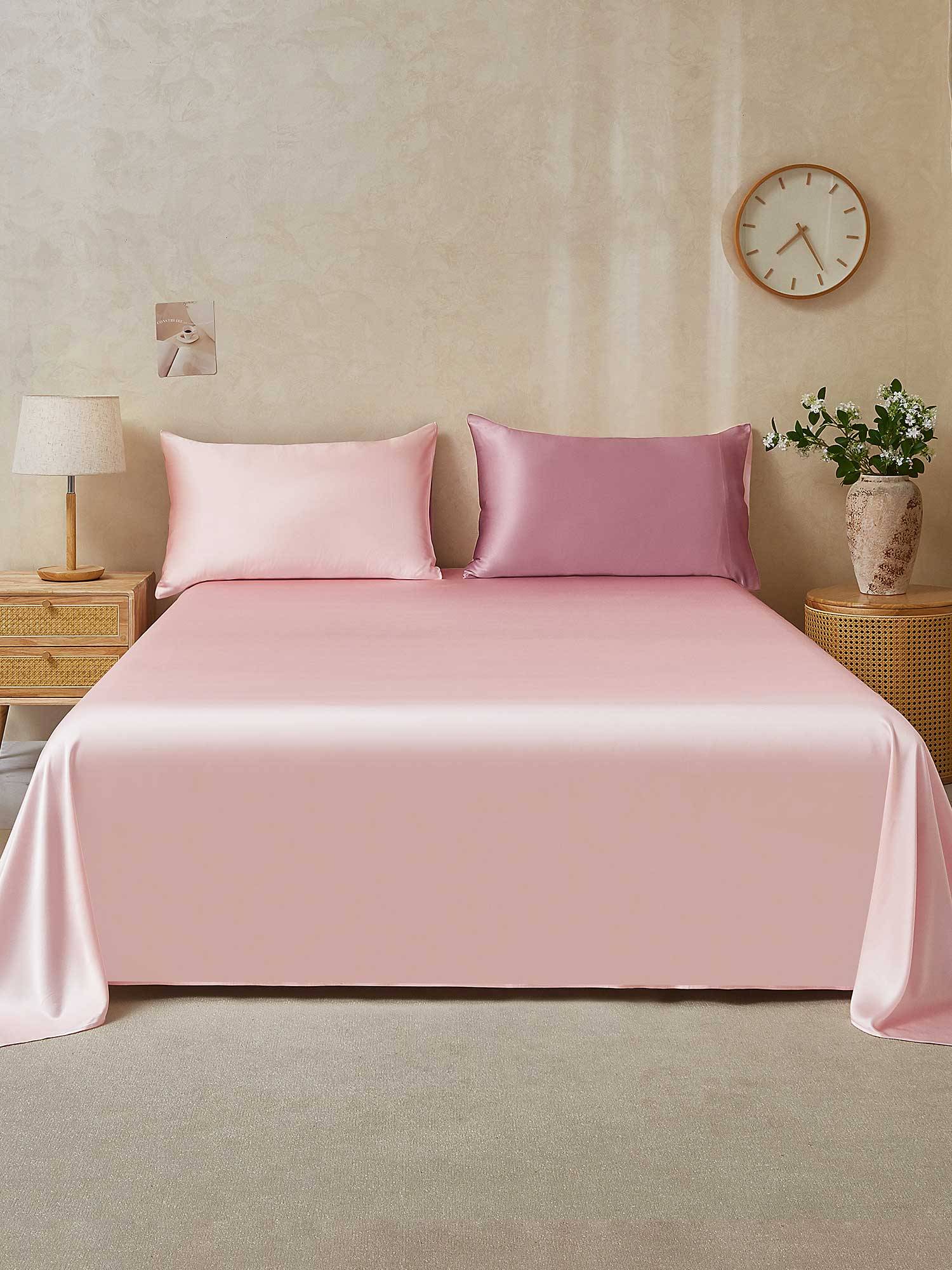 22Momme 3st Siden Sängkläder Set (Platt Lakan + 2x Örngott) - BlekMauve+Ljusrosa / 1.8m Säng(290x275cm+2x50x60cm)
