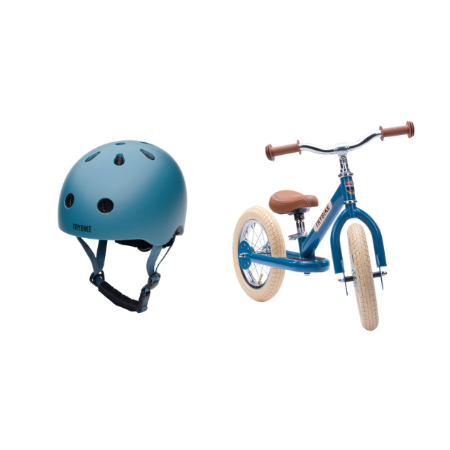 Trybike – 2-hjulig balanscykel + Cykelhjälm Storlek XS – Vintage Blå (Bundle)