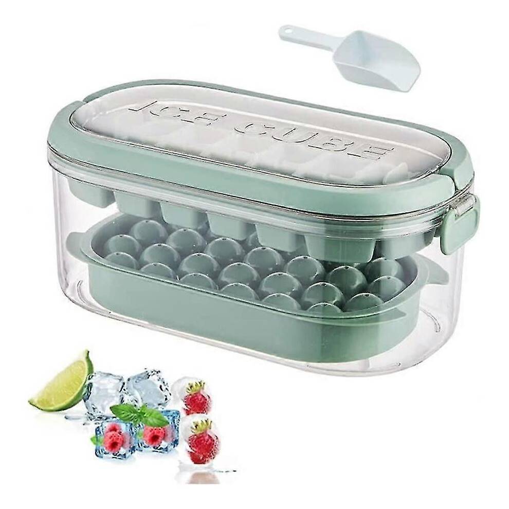 Ice Cube Tray with Lid, 2 Tiers Ice Cube Moulds Round And Square Ice Tray with Hidden Handle, Ice Cube Maker with Storage Ice Box