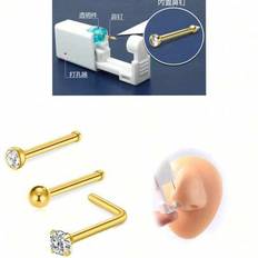 4 st näspiercing-kit med silverguld-nässtift, 1-pack näspiercingpistol, engångsnäspiercing-kit med raka L-formade näsringar, vit CZ-näspiercingpistol, - Multifärgad (En-Storlek)