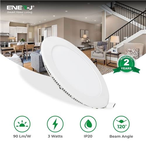 Ener-J 3W Recessed Round LED Mini Panel 85mm diameter (Hole Size 70mm), CE Driver, 90 Lm/Watt, RA 80, 3000K