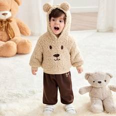 2 st Bebispojke/flicka Casual Söt björnmönster Flockad huvtröja och broderade värmefodrade varma byxor, lämpliga för höstvinter inomhus och utomhusklä - Brun (6-9M,9-12M,12-18M,18-24M,2-3Y)