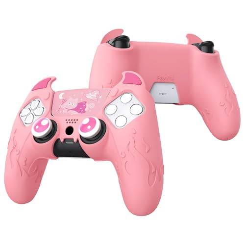 PlayVital Skydd Silikonfodral för ps5 Kontroller,Case Cover för ps5 med Tumgreppskåpor & Klistermärken Pekplattor,Kawaii Söt Demon Protective Skin för ps5-Rosa