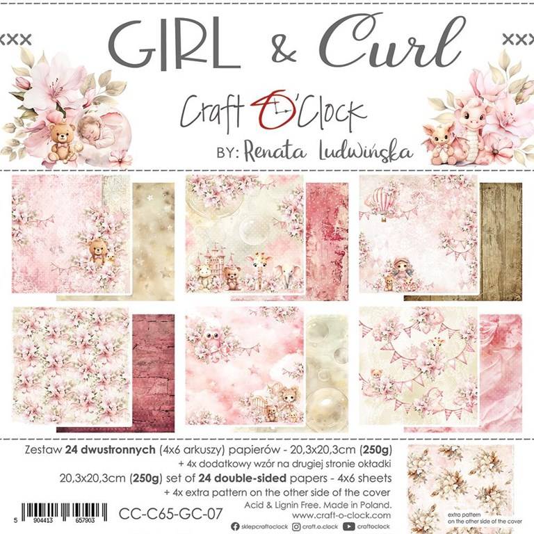 Paper pack - Girl & Curl mönstrade ark - 20x20cm