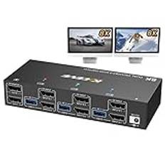 Displayport KVM Switch 3 PC 2 Monitor 8K@30Hz 4K@144Hz, USB3.0 Dual Monitor KVM Switchar Displayport 1.4 med 4 USB 3.0 portar för USB-enhet, trådbunden fjärrkontroll och 12V strömadapter ingår