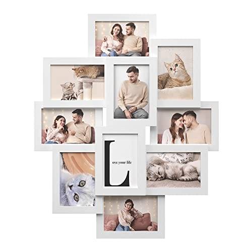 Songmics Photo Frame Collage för 10 foton i 4 "x 6" (10 x 15 cm), MDF -väggmonterad fotogalleri Display, montering krävs, vit RPF20wt