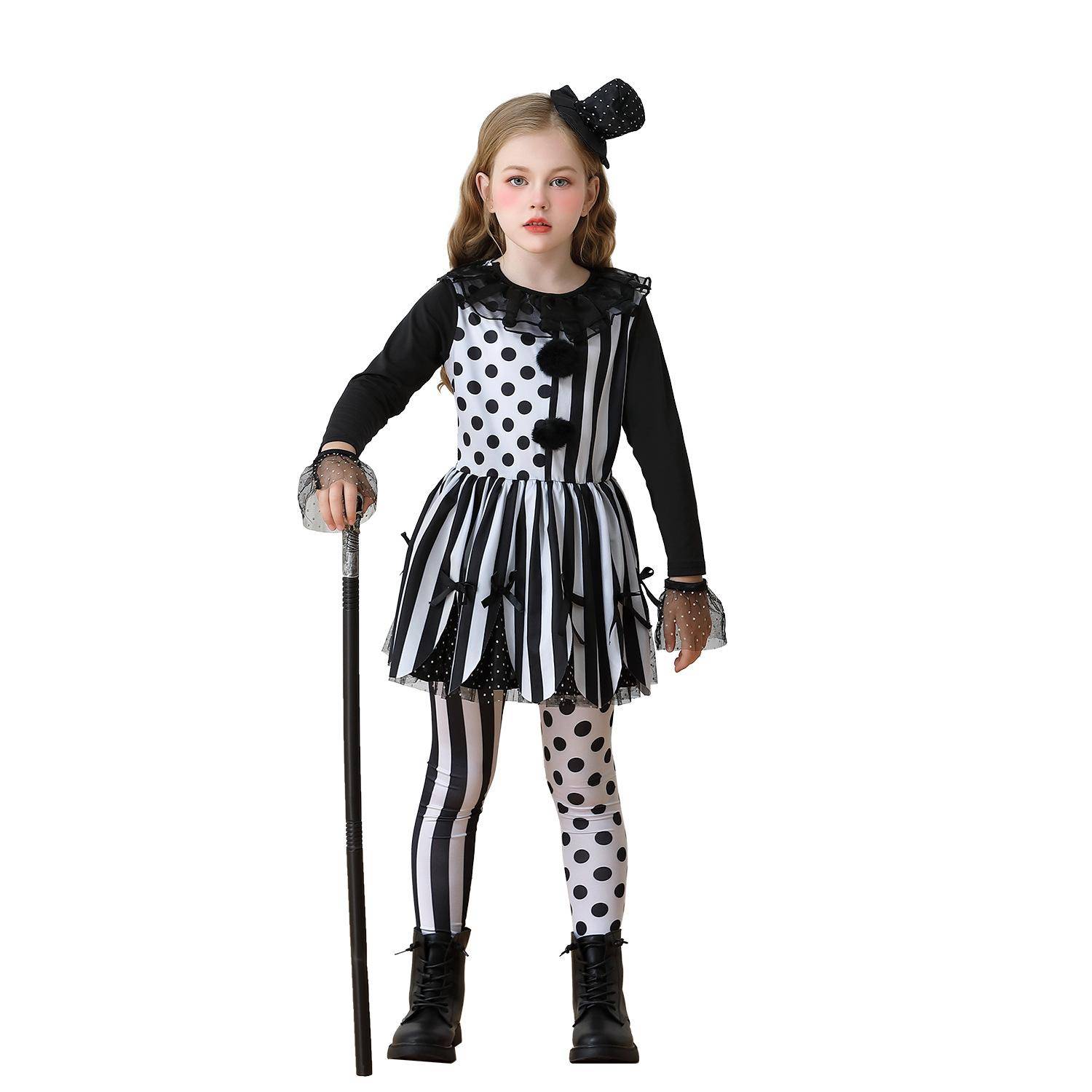 Children's Clown Costume Set, J-yuefang Circus Performance Outfit with Dress, Pants, Headwear, and Wrist Cuffs 130cm