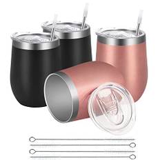Joymaking 4 stycken vinkoppar rostfritt stål, stämplade vinkoppar med lock, dubbelväggiga unbreakable resemugg för mjölk, kaffe, vin, öl, champagne, cocktails, rosaguld-svart