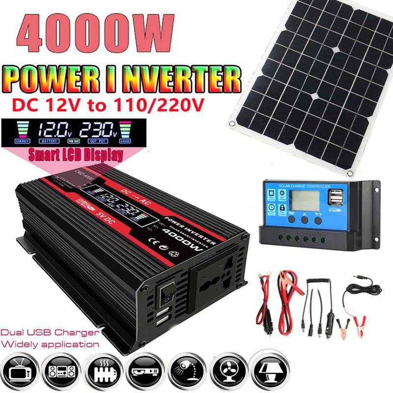 Solar Power Generation System 4000W 12V till 110V/220V Power Inverter med Smart LCD-skärm Dubbel USB med 30A Solar Controller Set röd