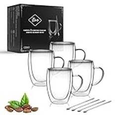 LIBWYS 4-pack, kaffekoppar i glas med dubbla väggar, muggar med 4 skedar, cappuccino-, latte- eller tekoppar med handtag, värmebeständig kopp dricksglas på 350 ml, kaffekopp