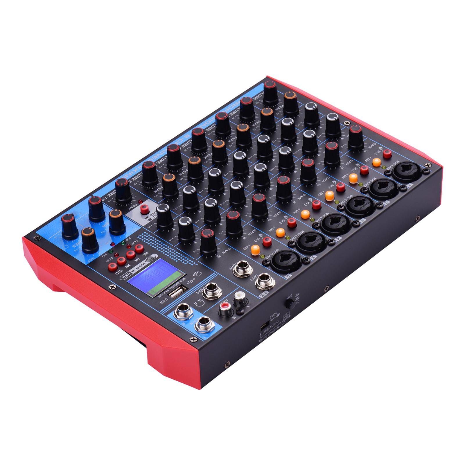 AG8 Bärbar 8-kanals mixerkonsol Digital ljudmixer +48V Phantom Power Stöder BT/USB/MP3 EU Plug