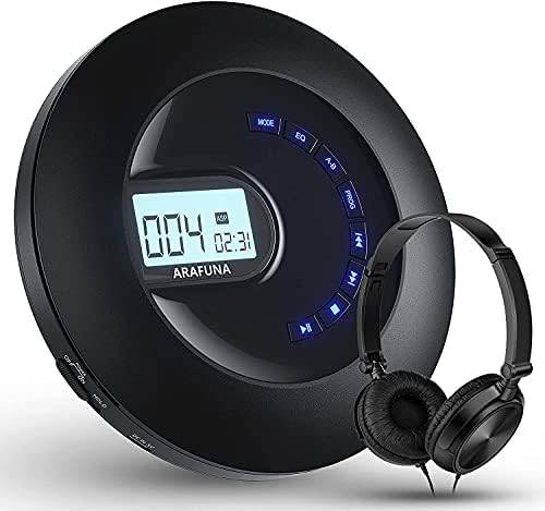Arafuna Bärbar CD-spelare, Laddningsbar Bärbar CD-spelare för bilresor, Walkman CD-spelare med hörlurar och Anti-Skip/Stötsäker, Liten CD-spelare med LCD-skärm, AUX-kabel, Bakgrundsbelysning