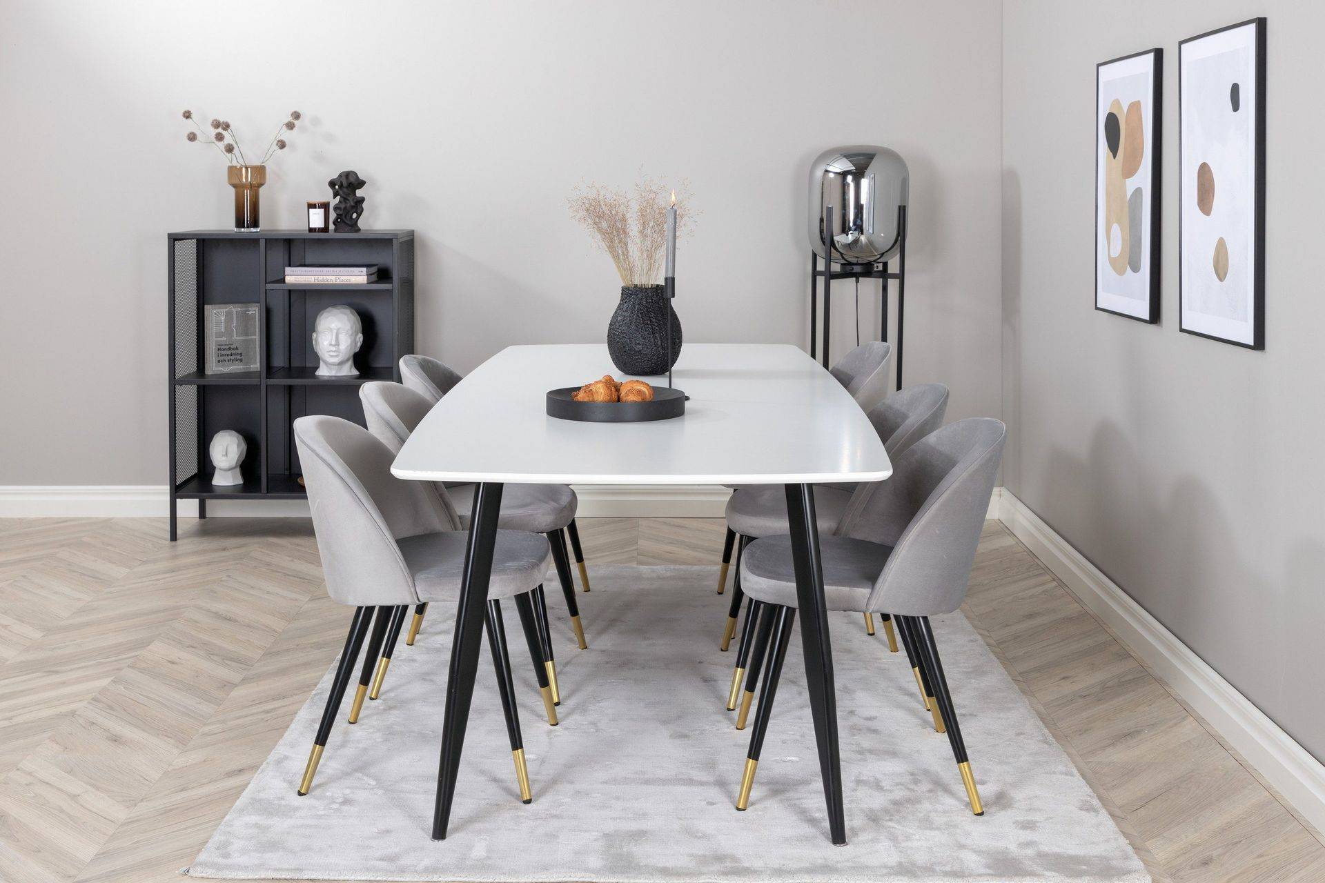Polar Matgrupp 240 cm Rektangulär med 6 Velvet stolar - Svart/Guld Svart,Guld,Grå Venture Home
