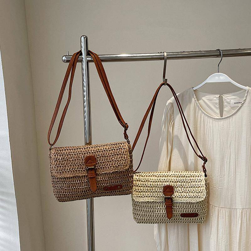 Ny Trendig Stråväska för Kvinnor, Trendig Semester Casual Axelväska Crossbody, Mångsidig Snygg Stråväska med Lock beige
