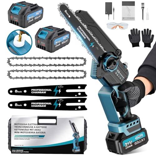 Mini Kettensäge 8 Zoll mit 2 Akkus, 8000mAh/21V Batterien Handkettensäge, 1200W Bürstenlose Einhand-Kettensäge, Astsäge Akku Motorsäge, Baumsäge Elektrisch für Baumschnitt, Gartenarbeit und Holz