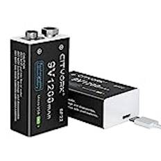 CITYORK 9 V batteri 1 200 mAh (2-pack), PP3/MN1604/6F22/6LR61 USB litium uppladdningsbart batteri, med mikro-USB-laddningsport, lämplig för rökdetektorer, gasspis, gitarr, tangentbord och mer