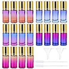 20 stycken eteriska oljor, rullflaskor, glasrullflaskor, roll-on-flaska, tom, 5 ml med rostfria rullbollar, påfyllningsbara roll-on, flerfärgade glasflaskor för eterisk olja, aromaterapi, parfym