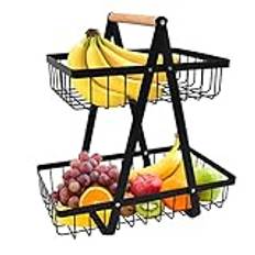 ANNTIM 2 våningar fruktkorg våningar, fruktskål våningar med trähandtag, fruktvåning 2 våningar, metall svart fruktskål med handtag för frukt, grönsaker, snacks hemma, kök, kontor, med skruvmejsel