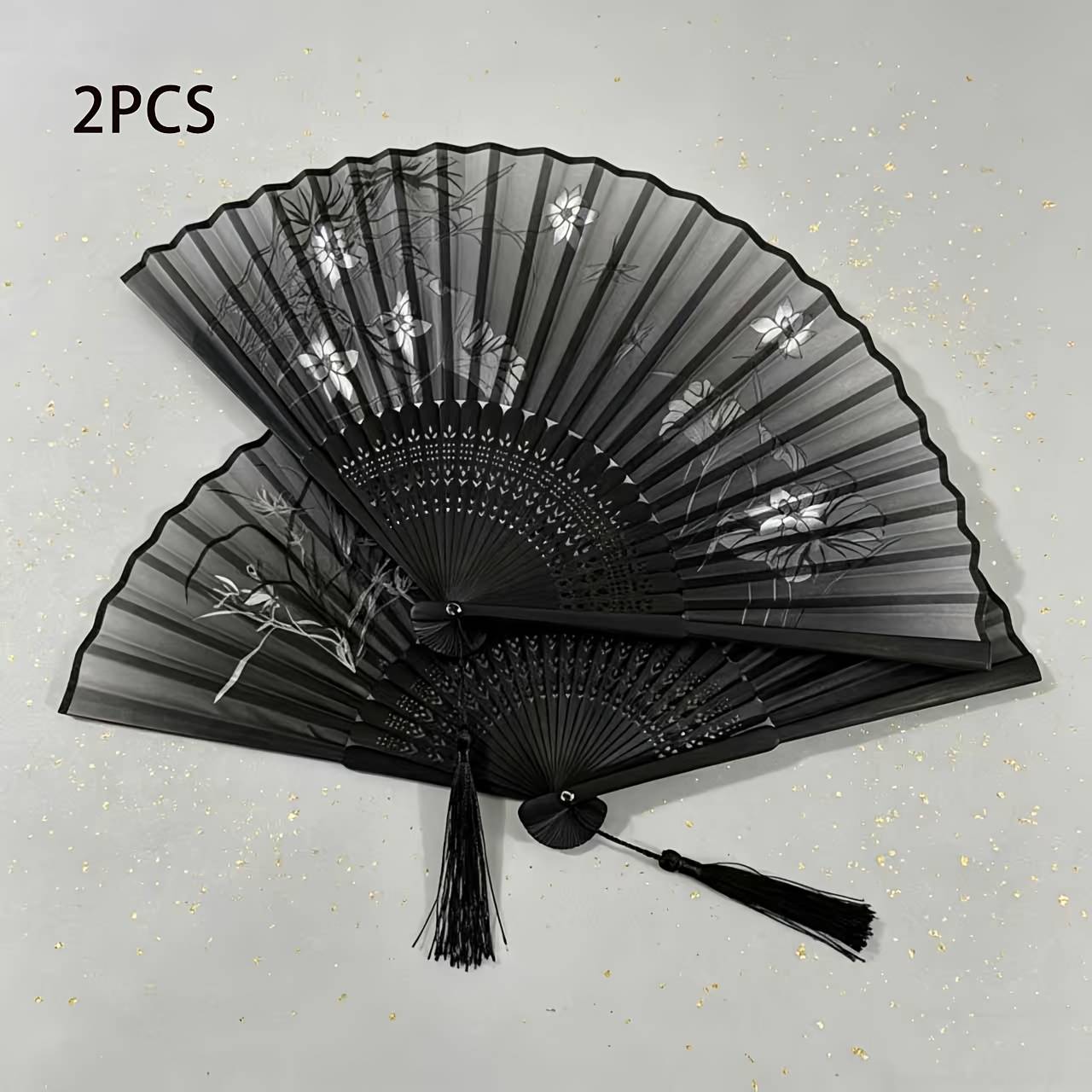 2pcs Black Chinese Folding Hand Fans, Lightweight Bamboo Handheld Fans, Retro , For Wedding Party, Photo Prop, Summer Cooling