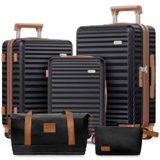 SHOWKOO Resväske Set 5 Expanderbar Hårt Skal Resväska 100% PC Resa Bagage Lätt Hållbar Hög Kapacitet Bagageset med 1 åkpåse + 1 Toalett Väska, Svart