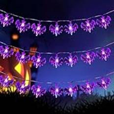 XVZ Halloween ljusslinga, 3 m, 20 LED, halloween, fladdermusljusslinga, med timer, halloweendekoration och höstdekoration, batteridriven ljusslinga för skördefest, halloween – lila fladdermus