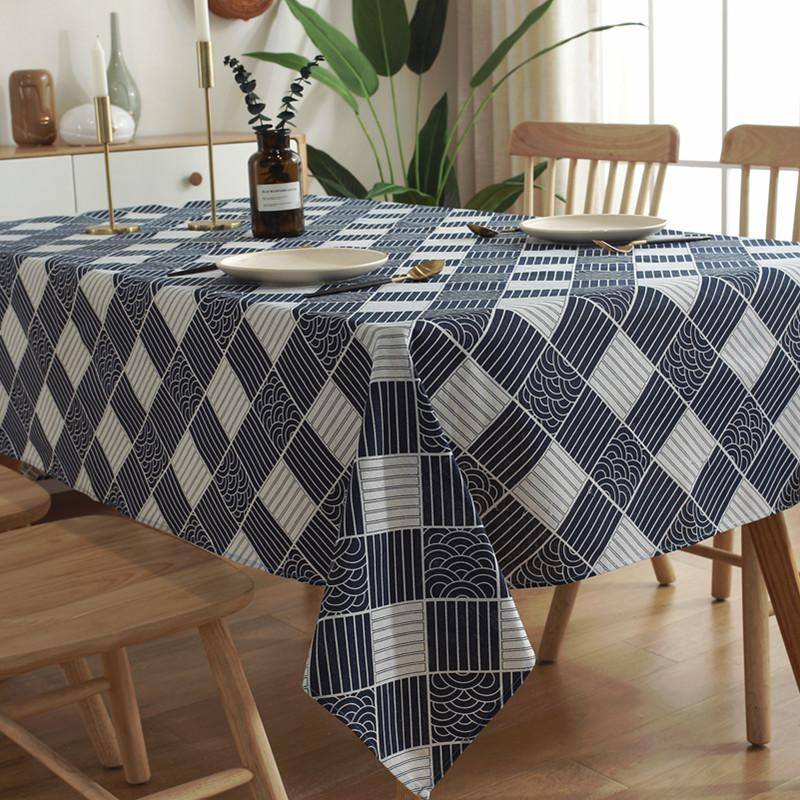 Japansk Stil Retro Vågmönster Bomull Och Linne Bordsduk Blå Geometriskt Rutmönster Tryckt Kaffe Hänge Te Bordstablett