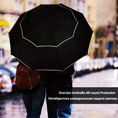 TEMU Double-layer Large Windproof Umbrella For Men - Automatic Open, 10-rib Reinforced Design, & Foldable For Travel, Rain & Sun Protection, Black With Yellow Accents, Outdoor Umbrella