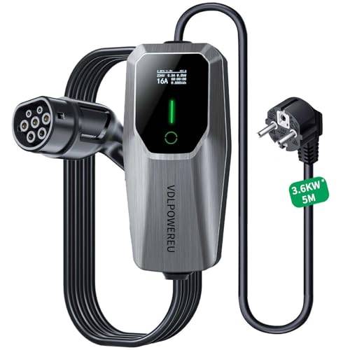 VDLPOWEREU Typ 2 laddkabel, 3,6 KW laddningskabel, elbil typ 2 med Schuko, 5 m 16 A, bärbar EV-laddare, laddkabel EV bil, IP65 (IEC 62196-2), kompatibel med MG4, Peugeot, Tesla, e-208