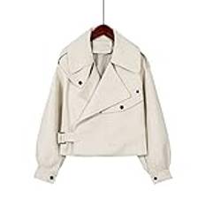 HJHIKJK Damjackor Women Autumn Winter Leather Jackets Female Coat Turn Down Collar Biker Leather Jacket High Street Leather Jackets(White,M)