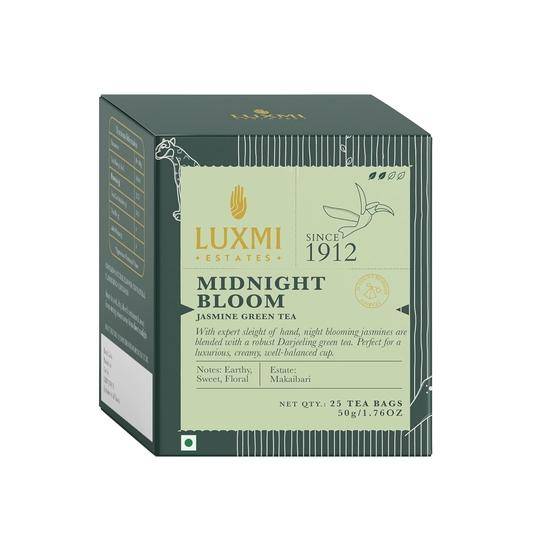 Luxmi Estates Midnight Bloom Jasmin Grönt Te 25 Tepåsar (50 g) Förpackning | Certifierat USDA Ekologiskt Grönt Te | 25 Koppar