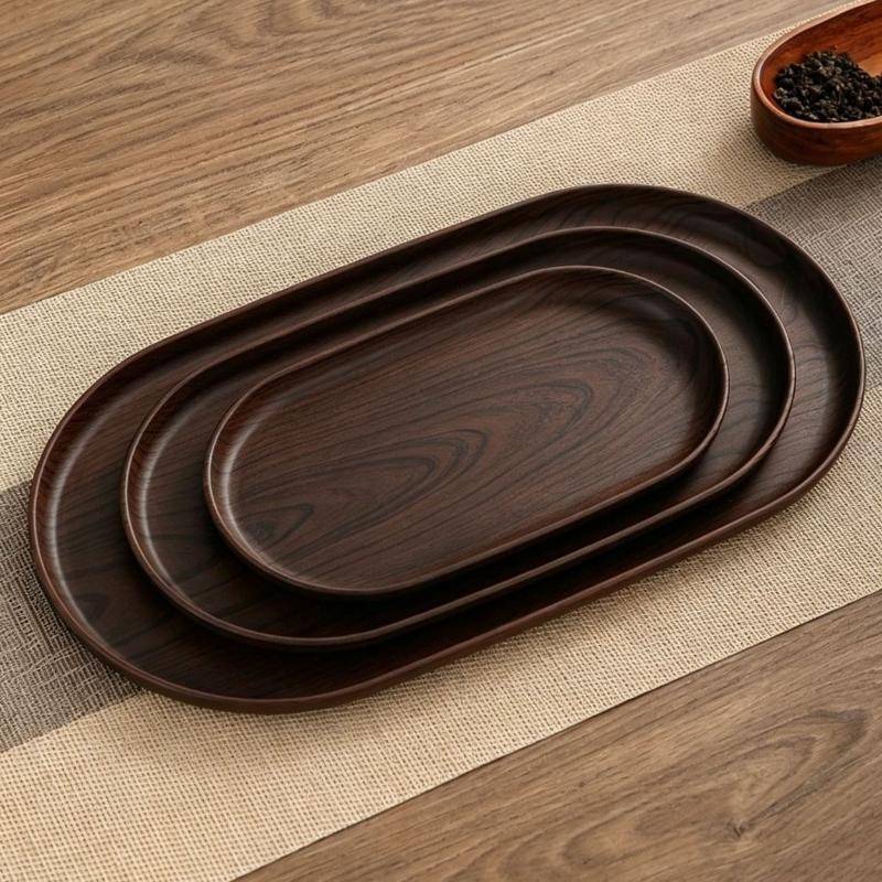 Walnut Wood Grain Oval Tray - Multi-Purpose Serving Plate For Coffee, Cakes, Snacks, Desserts & Kitchen Storage