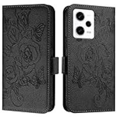 JZ Note 12 Pro 5G Konstläder Flip Cover Plånbok Fall [Rose][Wrist & Shoulder Strap][Card Holder][Kickstand] För Redmi Note 12 Pro 5G / Poco X5 Pro Case - Black