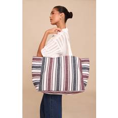 Navy and Burgundy Striped Beach Bag, Multi - One Size