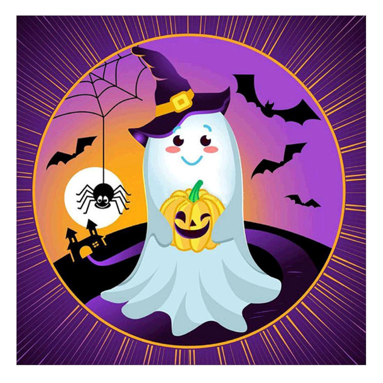 Smilende spøgelse med heksehat – Halloween sukkerprint 2×2–28×28 cm - 7x7 cm - 8 stk.