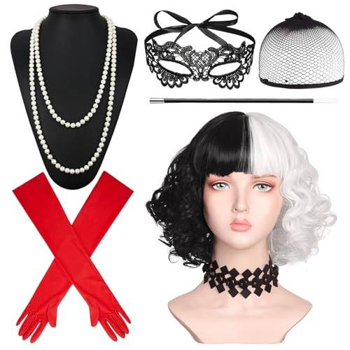 SOETDERT Cruella Dräkt för kvinnor, 70-tals accessoarer, halloweenkostym, för kvinnor, svart, vit peruk, handskar, halsband, maskerad spets för karneval, cosplay