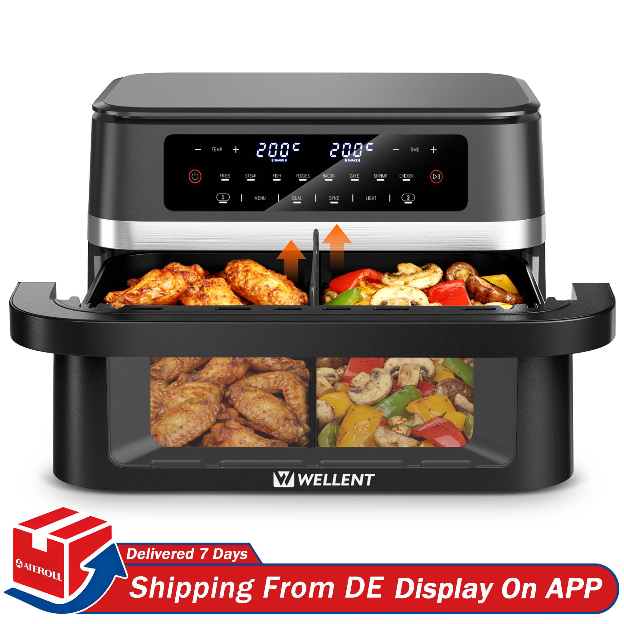 12L Hot Air Fryer Double Pot Simultaneous Cooking 2950W With LED Touch Screen ,Visual Window,LED Lighting,Shaking Foods,Internal Dual Pot Big Size Design Black