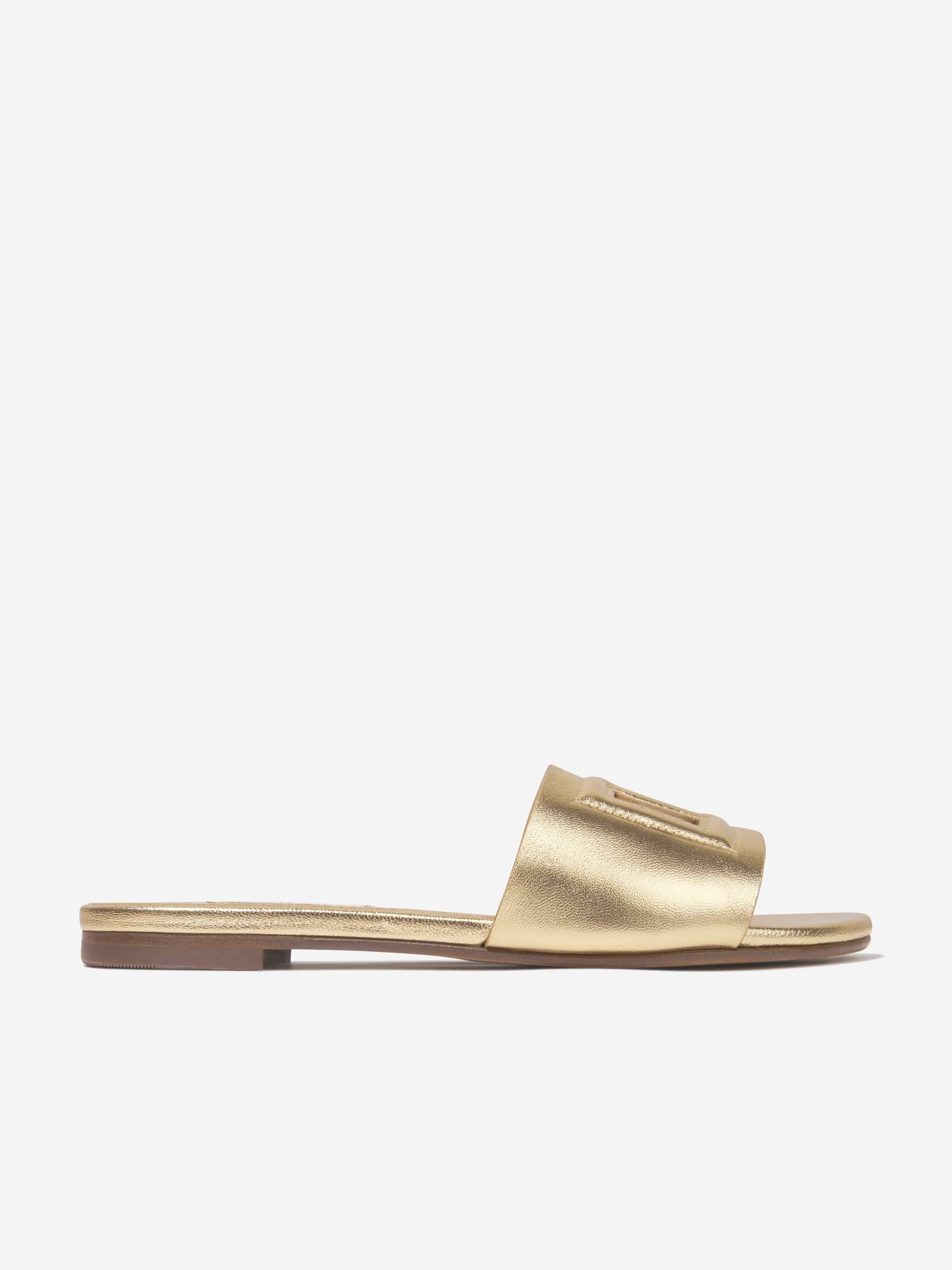 Dolce & Gabbana Girls Leather Logo Slider Sandals In Gold - Gold / EU 35 UK 2.5 (EU 35 UK 2.5)