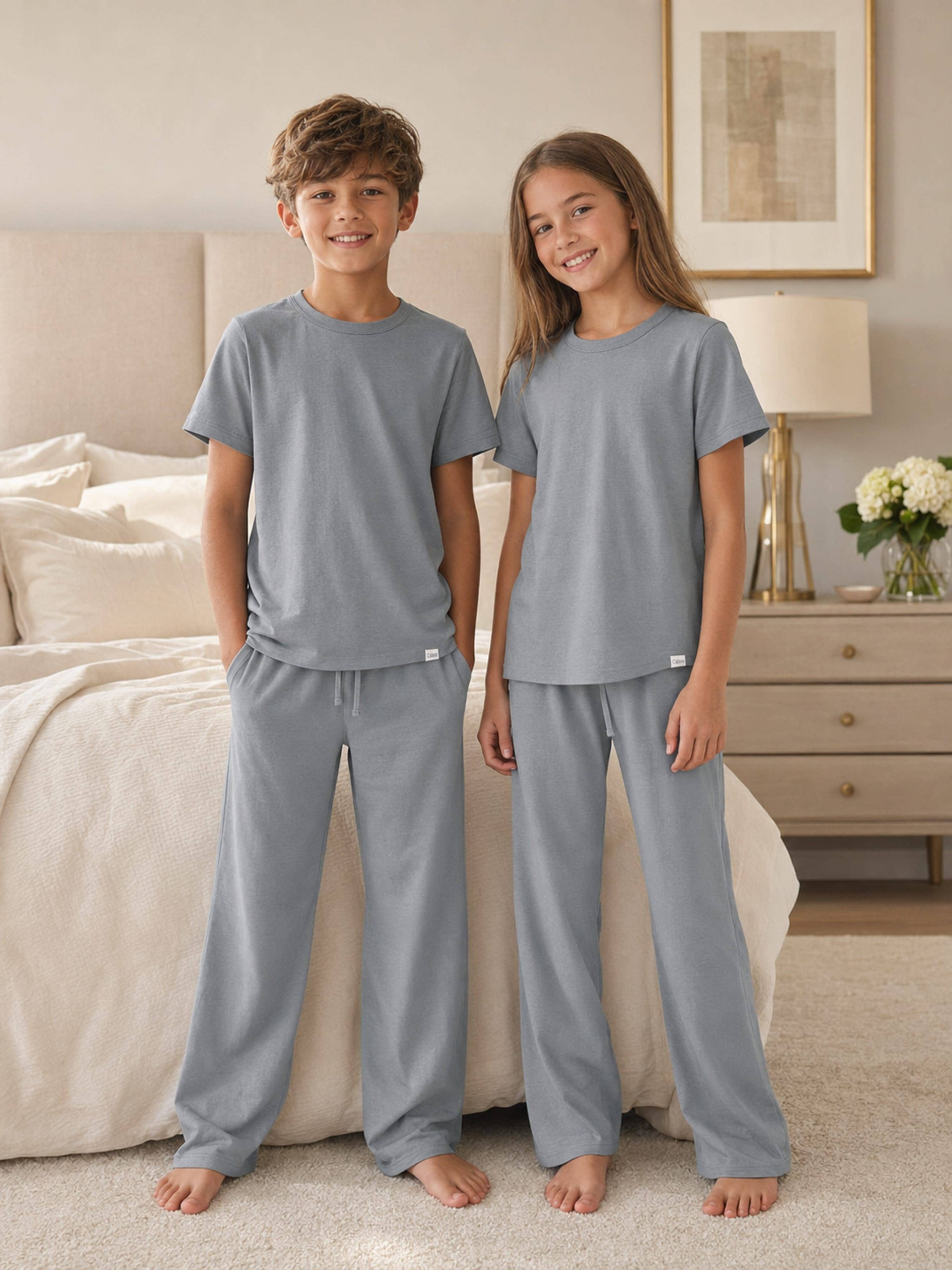 Calmm Kids Short Sleeve Loungewear in Grey - Grey / 9 - 10 Yrs (9 - 10 Yrs)